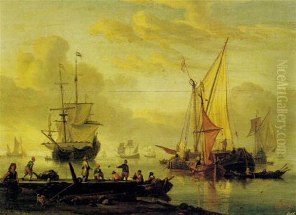 Shipping In A Calm And Figures On A Quay Oil Painting by Jan van Os