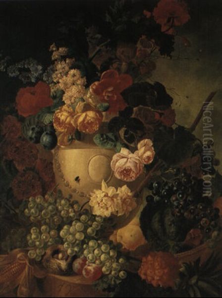 Flowers Ina An Urn With A Bowl Of Fruit On A Ledge Oil Painting by Jan van Os