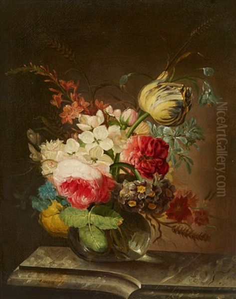 A Vase Of Flowers On A Marble Ledge Oil Painting by Maria Magrita van Os