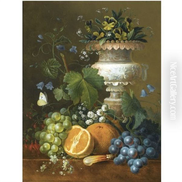 A Still Life With Violets, Grapes And Oranges On A Ledge Oil Painting by Maria Magrita van Os