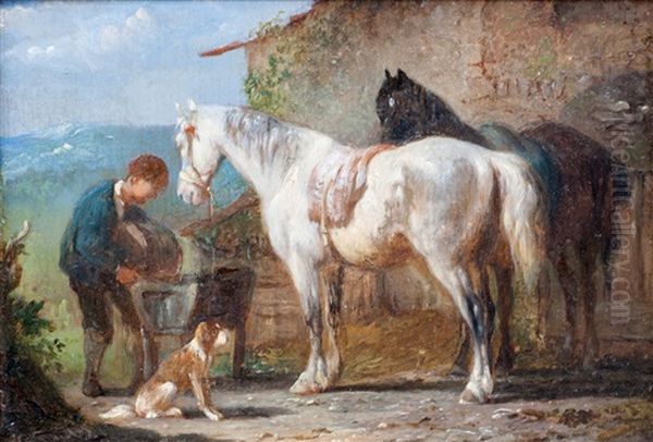 Man Met Hond En Werkpaarden Oil Painting by Pieter Frederick Van Os