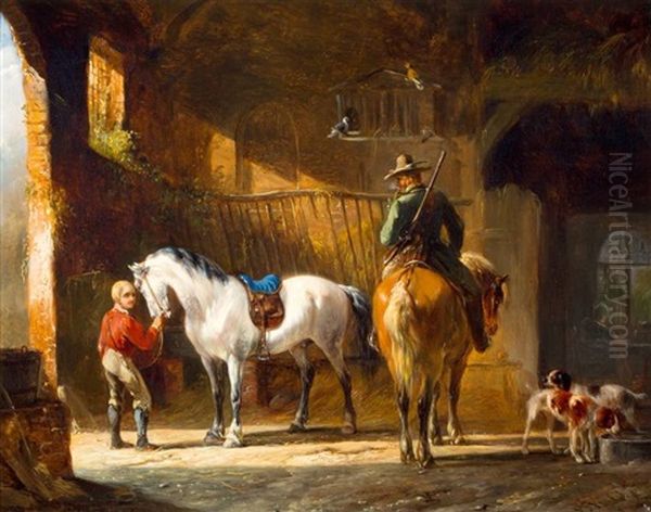 Jagers Met Paarden Op Stal Oil Painting by Pieter Frederick Van Os