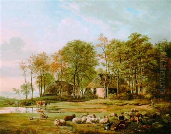 Shepherds With Cattle Resting In A Landscape Oil Painting by Pieter Frederick Van Os