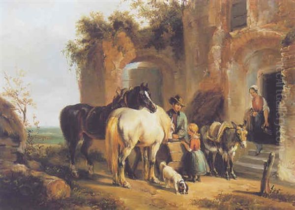 Family With Horses At Rest Oil Painting by Pieter Frederick Van Os