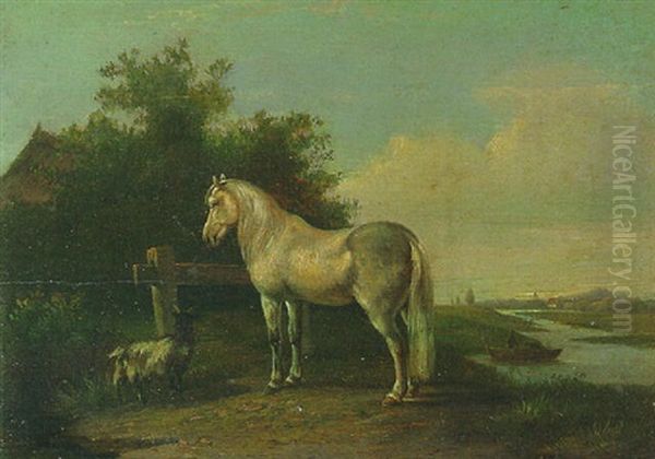 A Grey Horse And A Goat In A River Landscape by Pieter Frederick Van Os