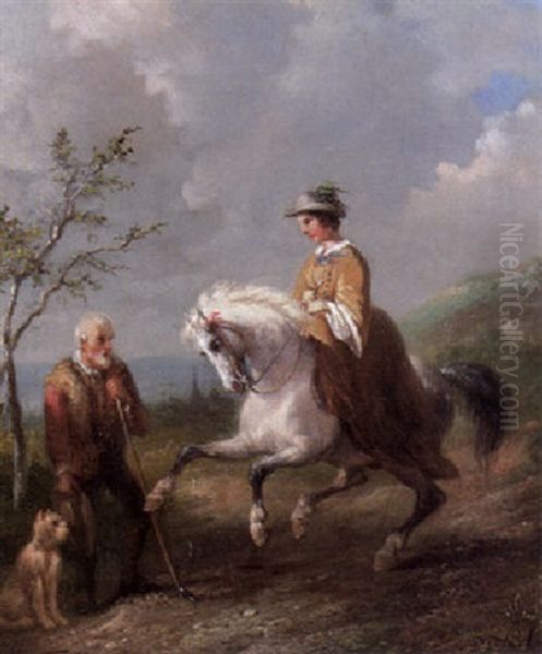 A Lady On A Horseback And A Beggar Oil Painting by Pieter Frederick Van Os