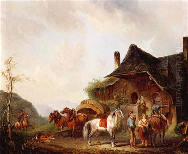 Horsemen And Travellers Outside An Inn Oil Painting by Pieter Frederick Van Os