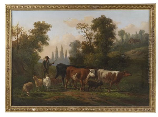 Herder On A Country Path With His Herd Oil Painting by Pieter Gerardus Van Os