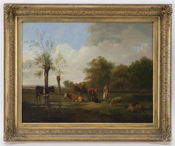 Untitled (peasants Stopping For Water) Oil Painting by Pieter Gerardus Van Os