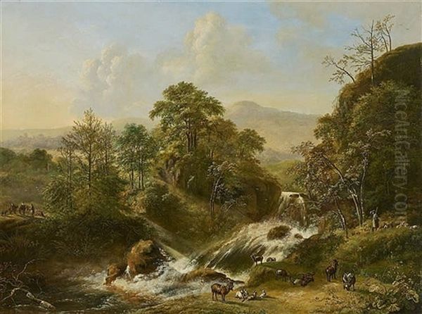 A Mountaineous Landscape With A Waterfall Oil Painting by Pieter Gerardus Van Os