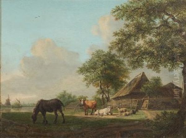 A Farmstead Scene; Horse, Cattle, Sheep And A Goat In The Foreground, View To A Farm, A Barge And Windmills Beyond Oil Painting by Pieter Gerardus Van Os