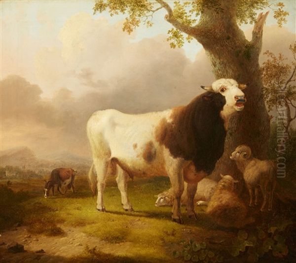 Landscape With A Bull, Sheep And A Goat Oil Painting by Pieter Gerardus Van Os