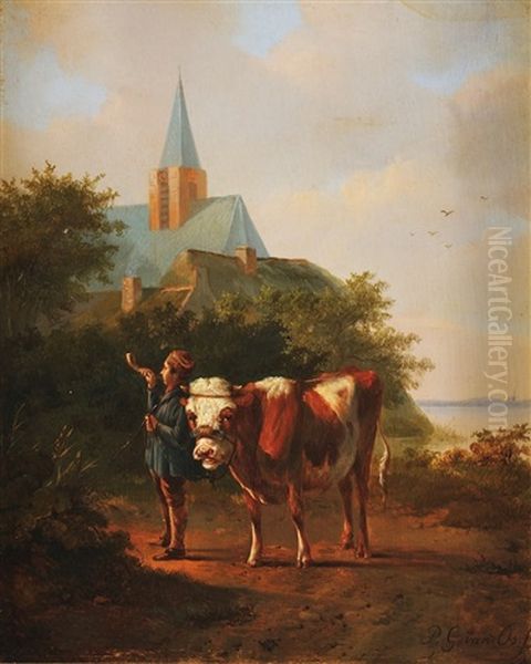 Jeune Vacher Sonnant La Trompe Oil Painting by Pieter Gerardus Van Os