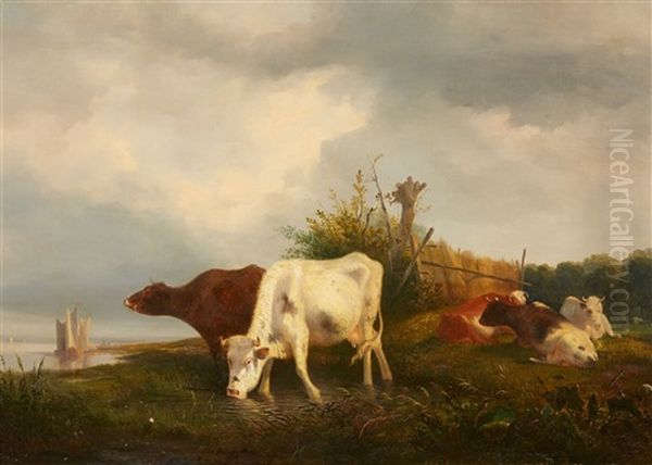 Grazing Cattle Oil Painting by Pieter Gerardus Van Os