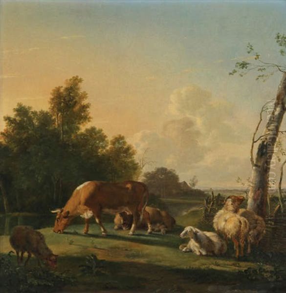 Vaches Et Moutons Au Pre Au Bord De L'eau Oil Painting by Pieter Gerardus Van Os