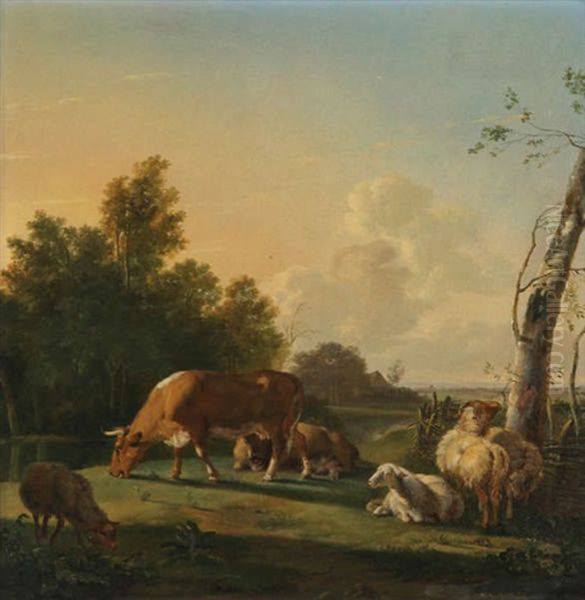 Vaches Et Moutons Au Pre Au Bord De L'eau Oil Painting by Pieter Gerardus Van Os