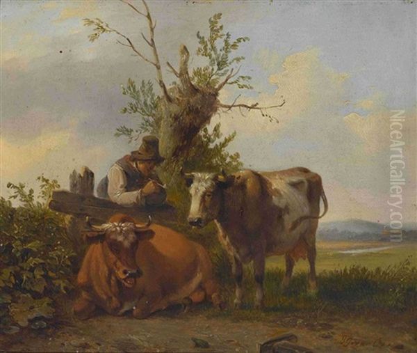 Rastender Hirte Mit Zwei Kuhen Am Gatter by Pieter Gerardus Van Os