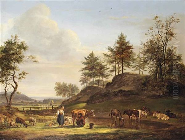 A Milkmaid And Herdsman With Cattle In A Summer Landscape Oil Painting by Pieter Gerardus Van Os