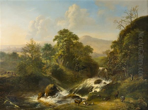 Grose Landschaft Mit Wasserfall Und Ziegenherde by Pieter Gerardus Van Os