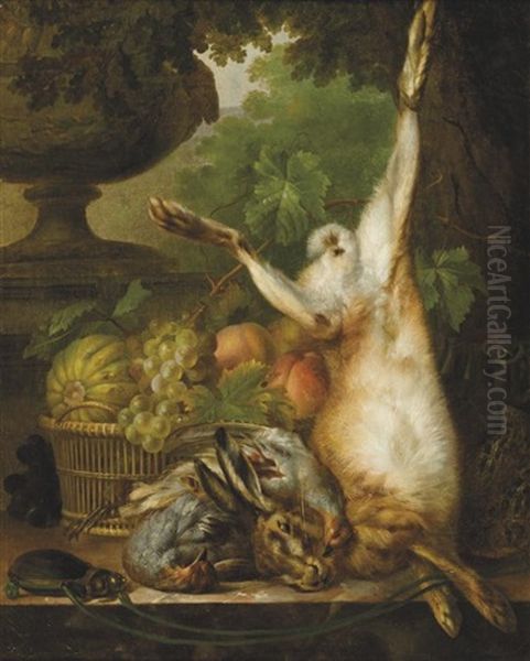 Nature Morte Au Lievre Devant Un Panier De Fruits Oil Painting by Pieter Gerardus Van Os