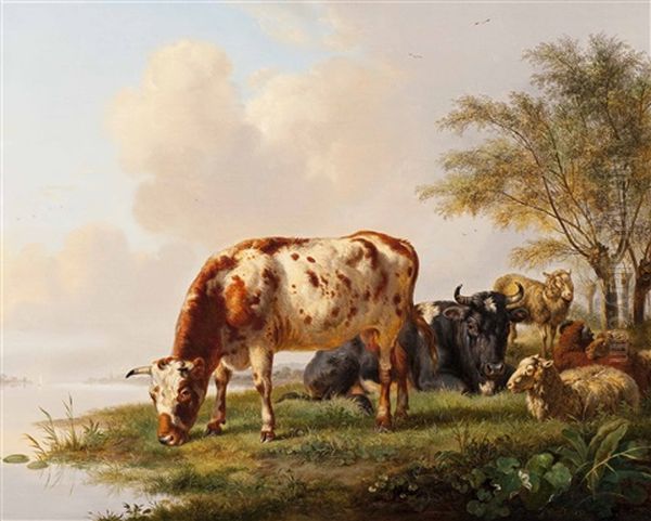 Cows And Sheep Along The Water's Edge Oil Painting by Pieter Gerardus Van Os