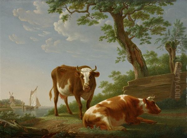 Pastorale. Prachtvolle Sommerlandschaft Mit Weidendem Vieh, Flusslauf, Segelschiffen Und Windmuhle Oil Painting by Pieter Gerardus Van Os