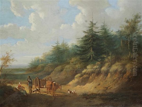 Landscape With Farmer, Farmer's Wife And Cart Oil Painting by Pieter Gerardus Van Os