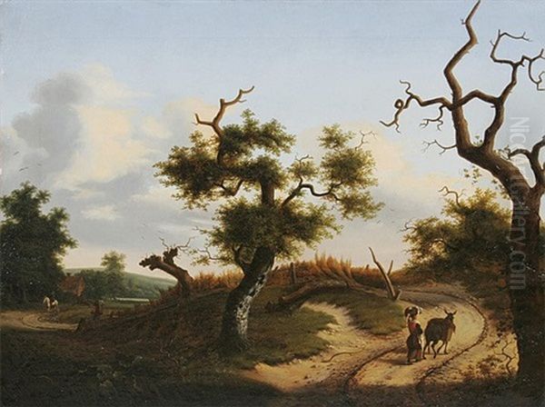 Baumbestandener Weg Mit Bauerin Und Reitern Oil Painting by Pieter Gerardus Van Os