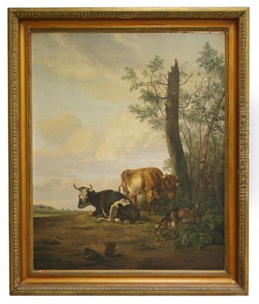 Zwei Kuhe Und Eine Ziege Unter Baumen In Weiter Landschaft Oil Painting by Pieter Gerardus Van Os