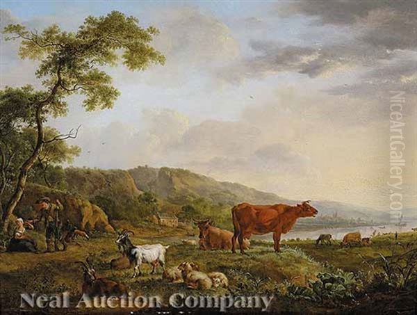 A Rustic Couple With Their Herd, In A Wild Landscape Oil Painting by Pieter Gerardus Van Os