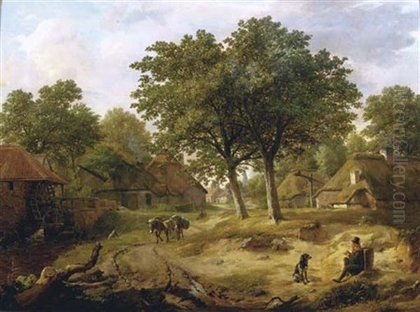 A Traveller On The Outskirts Of A Rural Village By A Watermill Oil Painting by Pieter Gerardus Van Os