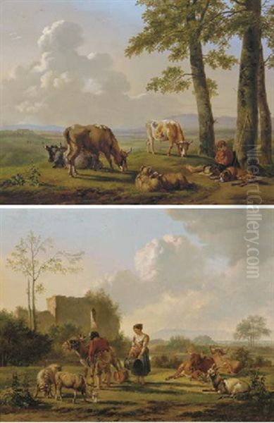 Landschap Met Vee - Landscape With Cattle (+ Het Melkuur - Milking Time, 1811; 2 Works) Oil Painting by Pieter Gerardus Van Os