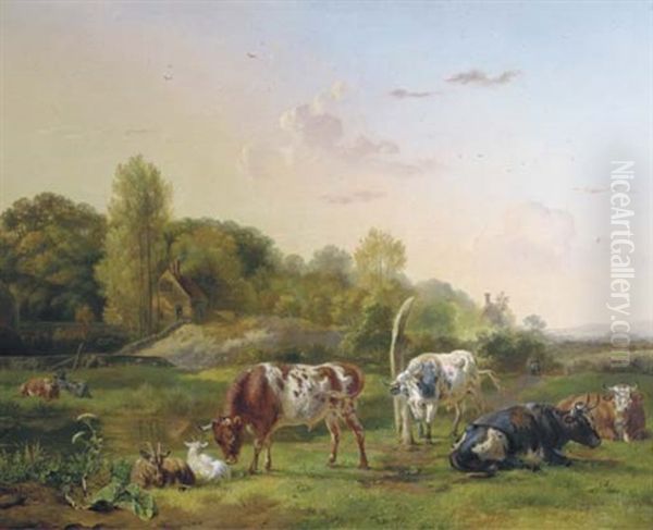 Cattle In A Meadow On A Lazy Summer's Day by Pieter Gerardus Van Os