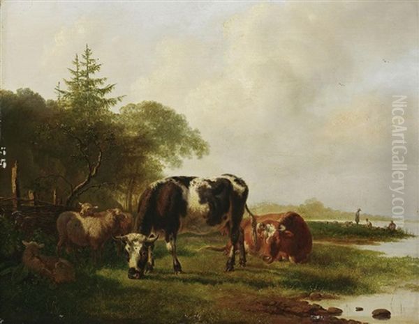 Kuhe Und Schafe Auf Der Uferweide Oil Painting by Pieter Gerardus Van Os