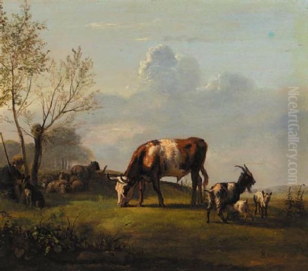 A Shepherd With His Cattle In A Meadow Oil Painting by Pieter Gerardus Van Os