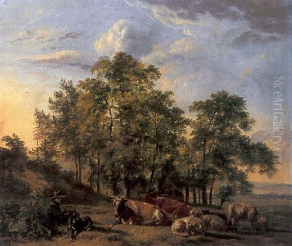 A Pastoral Landscape With A Shepherd And His Livestock Resting, A Cottage In The Woods Nearby Oil Painting by Pieter Gerardus Van Os