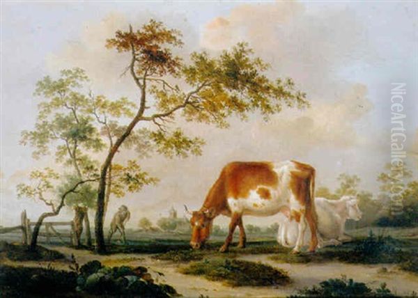 Cows In A Farmyard With A Village In The Distance, In Summer Oil Painting by Pieter Gerardus Van Os