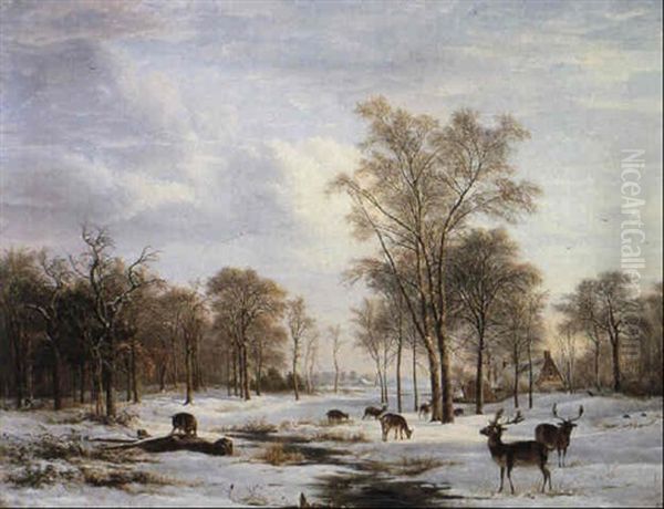 Winter Landscape With Stags Oil Painting by Pieter Gerardus Van Os