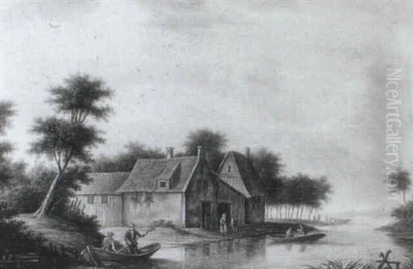 A River Landscape With Figures In A Boat By Cottages, A     Town Beyond by Pieter Gerardus Van Os