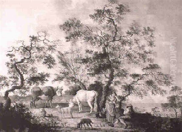 Drovers With Cattle, Sheep And A Dog In A Landscape Oil Painting by Pieter Gerardus Van Os