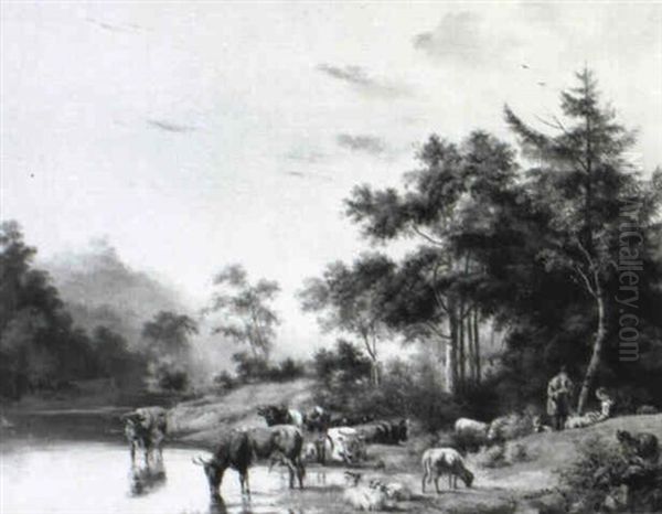 Herds With Sheep And Watering Cows Oil Painting by Pieter Gerardus Van Os