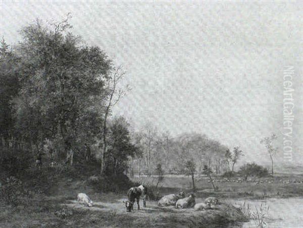 Cattle And Sheep In A Landscape With Huntsmen In A Wood Oil Painting by Pieter Gerardus Van Os