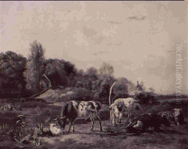 Cattle In A Landscape Oil Painting by Pieter Gerardus Van Os