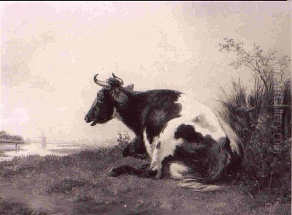 A Resting Cow Oil Painting by Pieter Gerardus Van Os