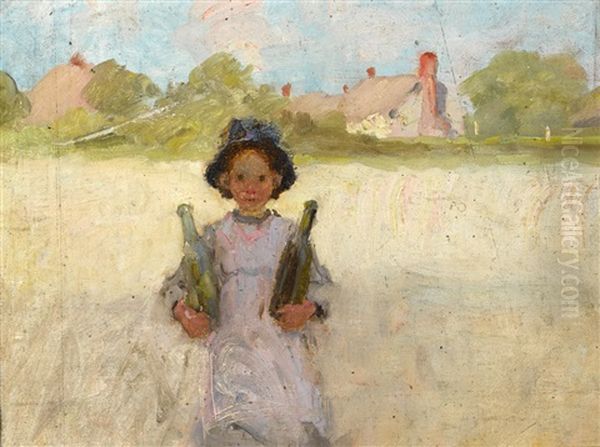 Study Of A Child Carrying Bottles In A Landscape Oil Painting by Walter Frederick Osborne