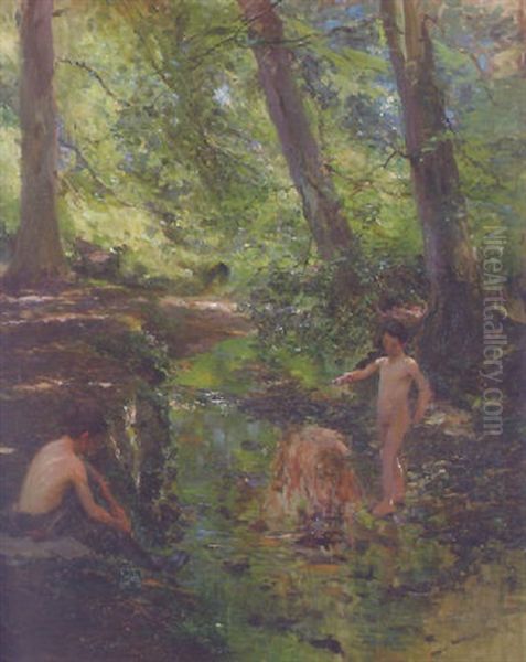 Boys In A Woodland Stream Oil Painting by Walter Frederick Osborne