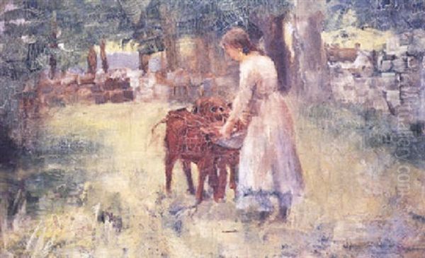 Girl Feeding Calves Oil Painting by Walter Frederick Osborne