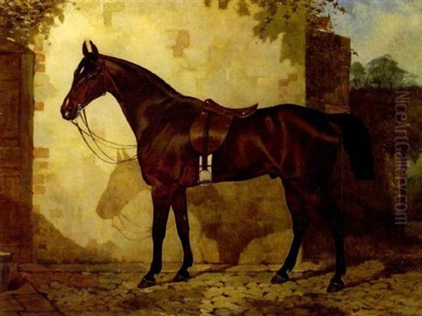 A Bay Hunter, Saddled, Outside A Stable Oil Painting by William Osborne