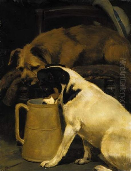 Stealing The Milk; Two Terriers In The Artist's Studio Oil Painting by William Osborne