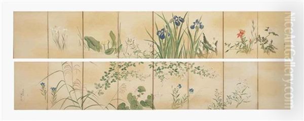 Flowers And Grasses Of The Four Seasons (pair) Oil Painting by Maruyama Oshin